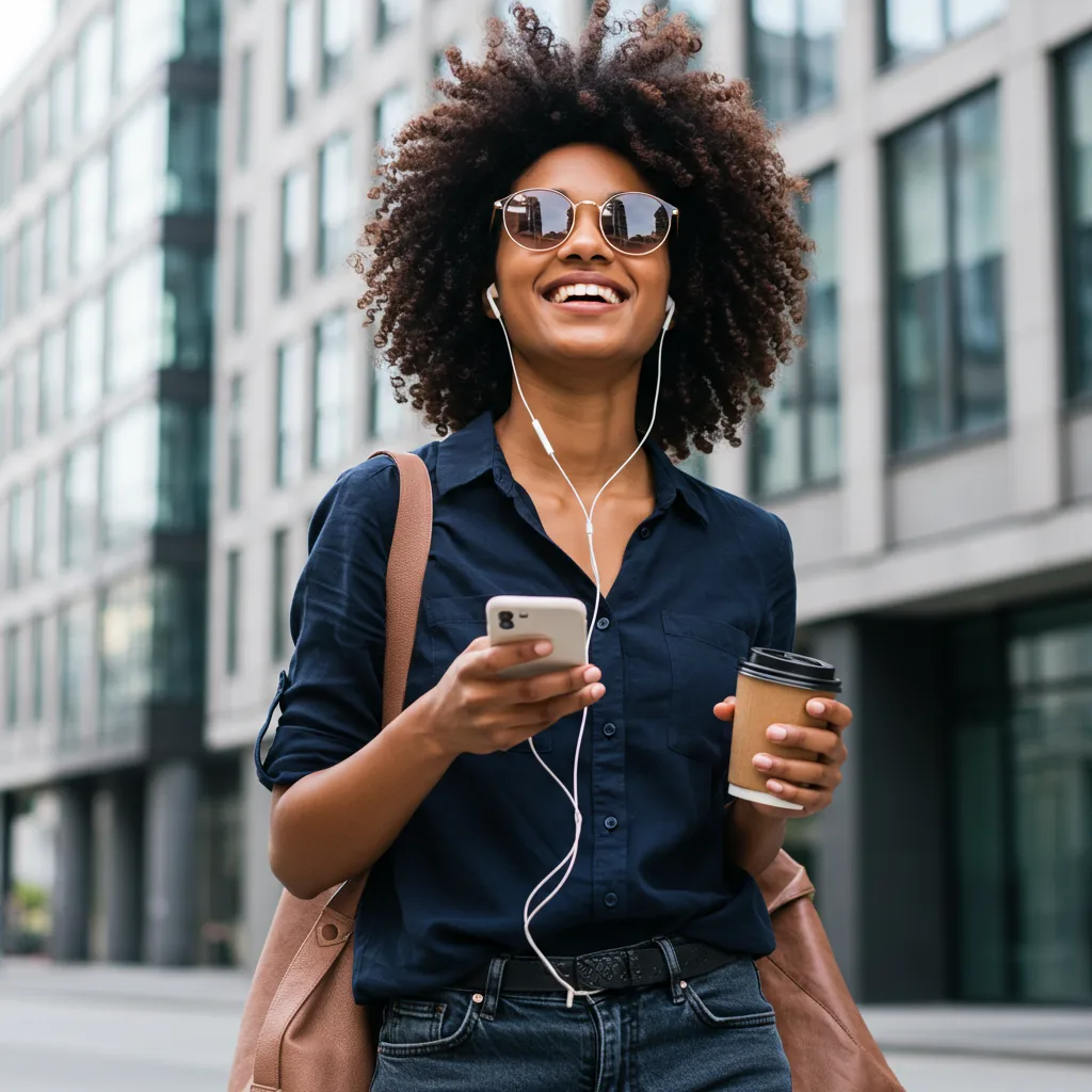 woman listening to music and drink coffee