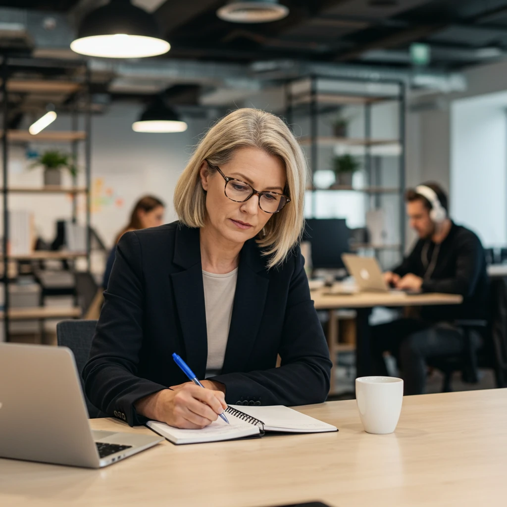Woman writing on a notebook at a desk